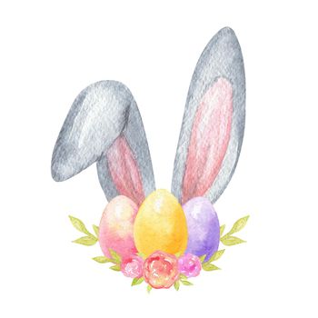 Watercolor easter bunny ears and eggs isolated on white background.