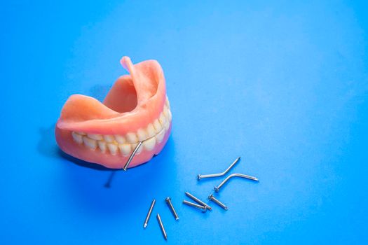 Dental prostheses hold a steel nail with their teeth, and pieces of bitten off steel  nails lie nearby