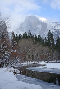 half dome after snow storm in yosemite national park