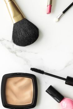 Make-up and cosmetics products on marble, flatlay background - modern feminine lifestyle, beauty blog and fashion inspiration concept