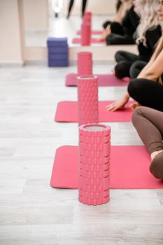 A group of six athletic women doing pilates or yoga on pink mats in front of a window in a beige loft studio interior. Teamwork, good mood and healthy lifestyle concept