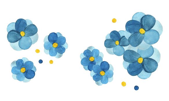 Set of Watercolor Blue Flower Composition Isolated on White Background. Hand Drawn Simple Flowers with Blue Petals and Yellow Core.