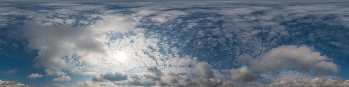 Sky panorama with Cirrus clouds in Seamless spherical equirectangular format. Full zenith for use in 3D graphics, game and editing aerial drone 360 degree panoramas for sky replacement