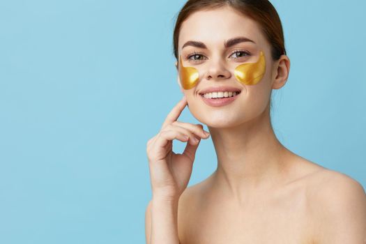 woman golden patches clean skin smile posing isolated background. High quality photo