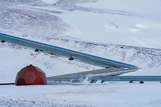 Geothermic plant long shot over snow covered landscape in Iceland