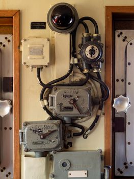 SAINT PETERSBURG, RUSSIA - 07 26 20: Speed control device on board ship. Speed control telegraph on the icebreaker Krasin.