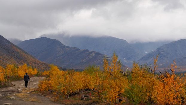A woman with a backpack in the autumn season walks along a path in the mountains on a rainy day. photo