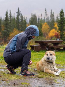 Woman petting a dog in the rain on the grass. photo