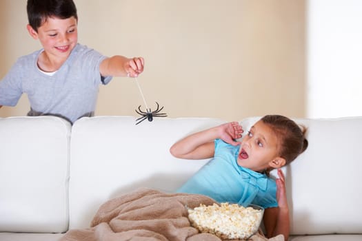 Mischievous young boy scaring his little sister at Halloween with a rubber spider.
