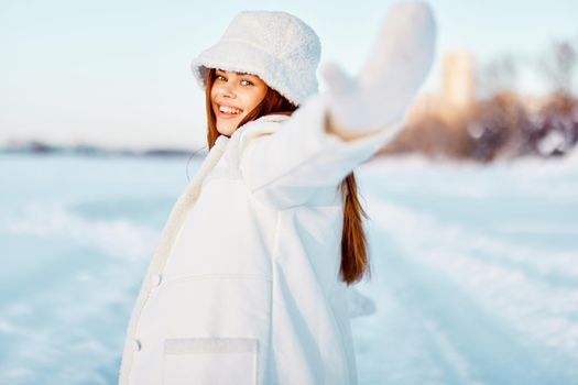 young woman winter clothes walk snow cold vacation travel. High quality photo