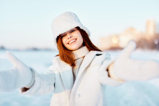 woman winter clothes walk snow cold vacation Fresh air. High quality photo
