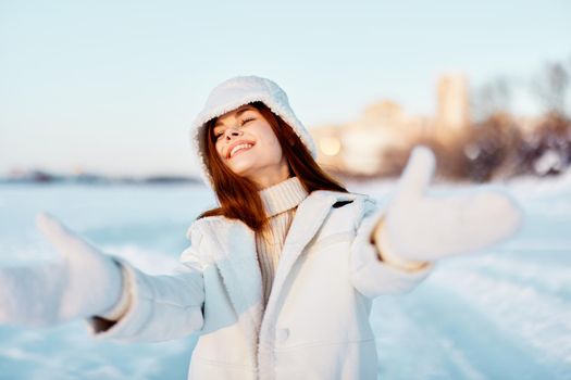 woman winter weather snow posing nature rest nature. High quality photo