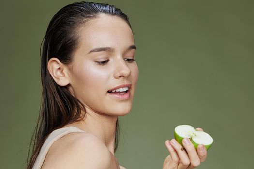 beautiful woman happy smile green apple health isolated background. High quality photo