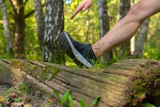 A young enduring athletic athlete is doing stretching in the forest outdoors, around the forest, oak trees.run nature, outdoor athletic wellness marathon, woods outside. running, runners stretches