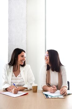 Vertical portrait of two female coworkers looking at each other in the office. Copy space. Business concept.