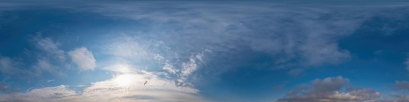 Sky panorama with Cirrus clouds in Seamless spherical equirectangular format. Full zenith for use in 3D graphics, game and editing aerial drone 360 degree panoramas for sky replacement