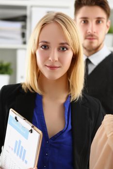 Portrait of businesspeople in stylish suits, prepare for biz meeting with client. Success, agreement, data analysis, statistics, finance, strategy concept