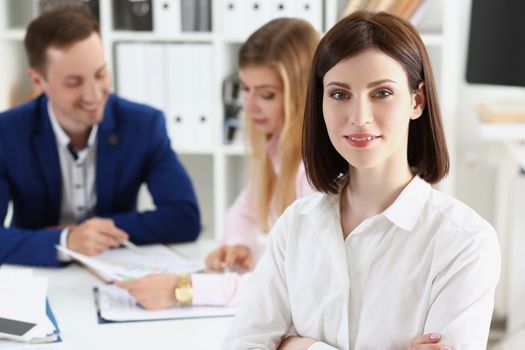 Portrait of businesswoman take part in corporation meeting, prepare annual financial report. Success, human resources, data analysis, development concept