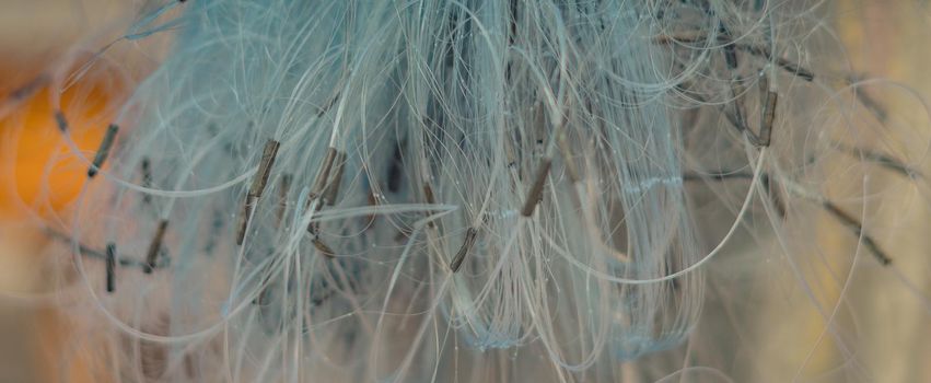 BANNER Abstract real photo white gray pale blue background. Close sail sea fishing tangled line airy mesh texture. Geometric waves circles threads unusual shape. Mind card Brainstorm idea web Net maze.