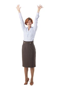 Full length portrait of happy business woman with arms raised isolated on white background
