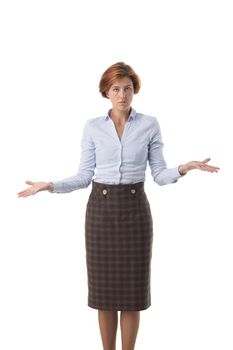 Young adult business woman clueless and confused expression with arms and hands raised isolated on white background