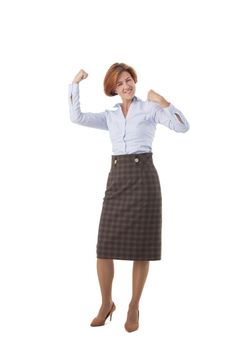 Full length portrait of happy business woman holding fists isolated on white background