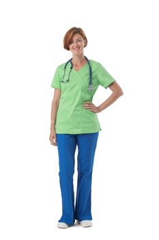 Beautiful caucasian nurse posing with arm on hip full length portrait isolated on white background