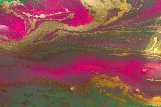 Dark flow paints background. Gold and purple liquid inks