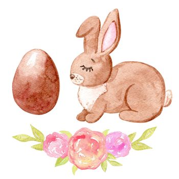 watercolor hand drawn easter set with brown bunny and egg and flowers isolated on white background