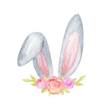 Watercolor grey rabbit ears with flowers isolated on white background. Easter bunny illustration