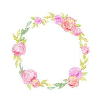 watercolor hand drawn round flower wreath with pink and green elements isolated on white background, easter decoration, spring card.