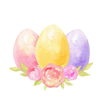 watercolor hand drawn easter colorful eggs decorated with pink flowers composition isolated on white background