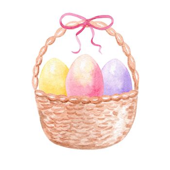 watercolor hand drawn easter basket with yellow pink purple eggs decorated with pink bow isolated on white background