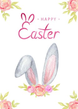 Watercolor happy easter card with bunny ears. Spring poster with pink flowers and grey rabbit