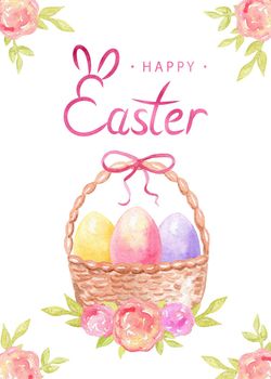 Watercolor happy easter card with eggs basket. Spring poster with pink flowers