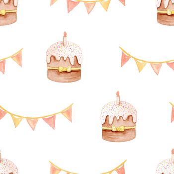 watercolor hand drawn easter cake and orange banner seamless pattern on white background. Can be used as invitation template scrapbooking, wallpaper,layout,fabric,textile,wrapping paper