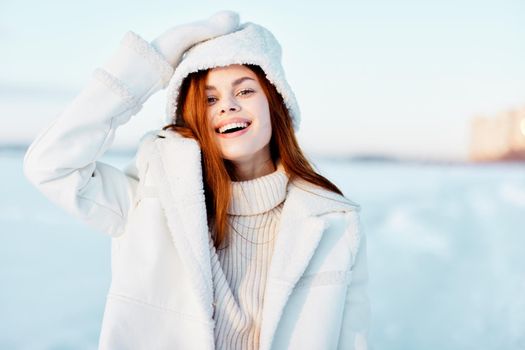 pretty woman winter clothes walk snow cold vacation nature. High quality photo