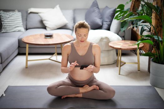 Pregnancy and technoloy supported healthy lifestyle concept. Cheerful happy pregnant woman using smart phone application while exercising on yoga mat on living room floor at home