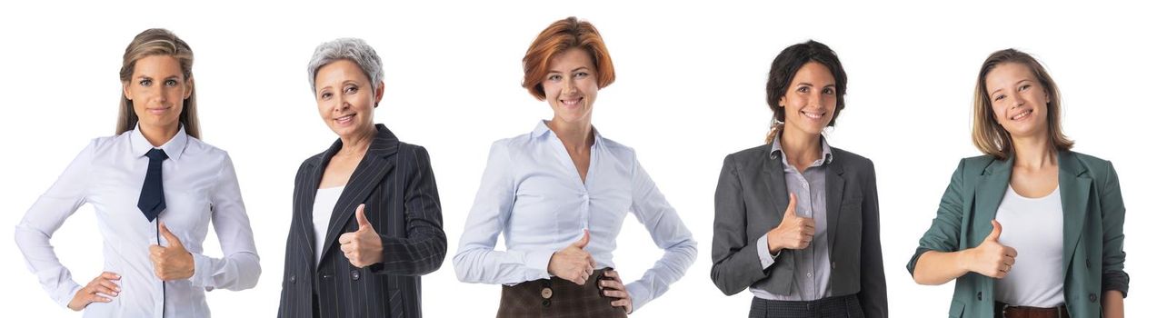 Group of thumbing up business women, isolated on white. Concept of teamwork and cooperation females only