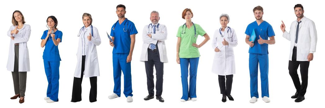 Set of medical staff people doctor nurse full length portraits isolated on white background