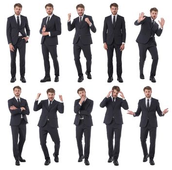 Set of young business man portraits doing different gestures isolated on white background