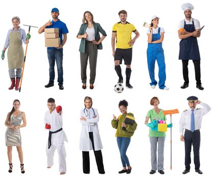 Full length portraits of group of people representing diverse professions of business, medicine, construction various industry