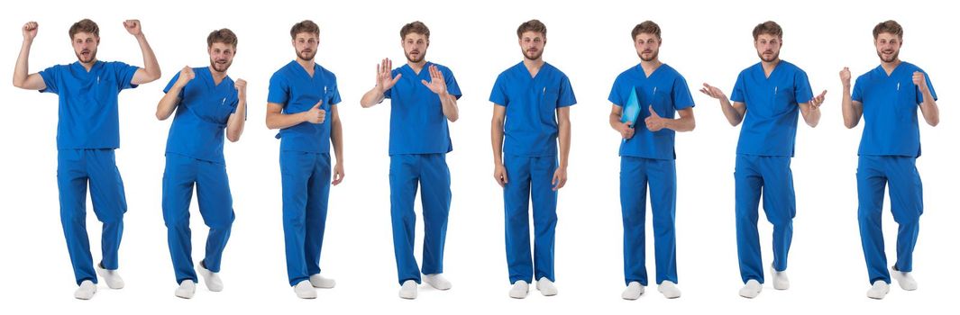 Set of Full length portraits of handsome young man male nurse doctor in blue uniform medical staff isolated on white background