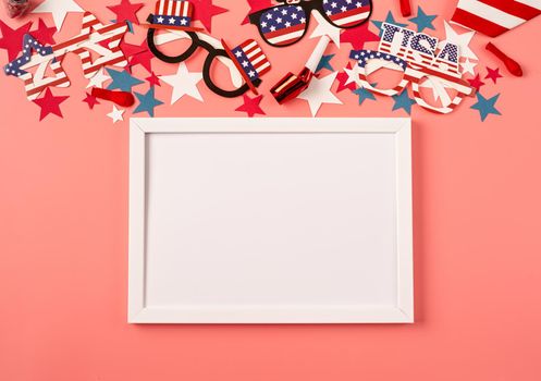 USA Memorial day, Presidents day, Veterans day, Labor day, or 4th of July celebration. White frame for mockup design with USA independence day party element top view flat lay on solid pink background