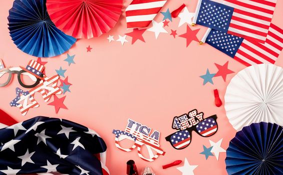 USA Memorial day, Presidents day, Veterans day, Labor day, or 4th of July celebration. USA independence day party element top view flat lay on solid pink background