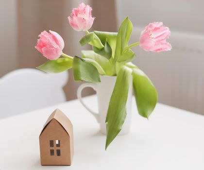 spring still life with fresh pink tulips, home decor