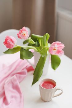 spring still life with fresh pink tulips, home decor