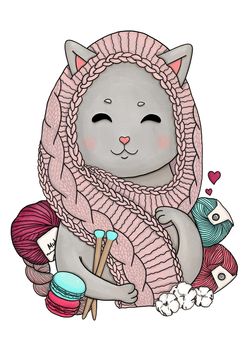 Knitting cat with knitted accessories and yarn balls. High quality illustration
