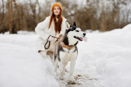 Happy young woman winter outdoors with a dog fun nature fresh air. High quality photo