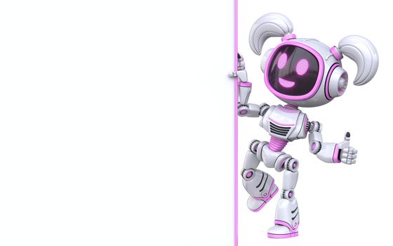 Cute pink girl robot holding blank white board 3D rendering illustration isolated on white background